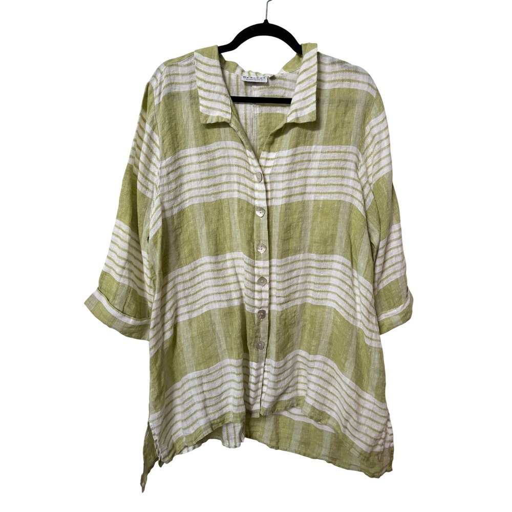 Habitat Clothes to Live In Women XL Linen Striped Button Down Shirt Sage Green